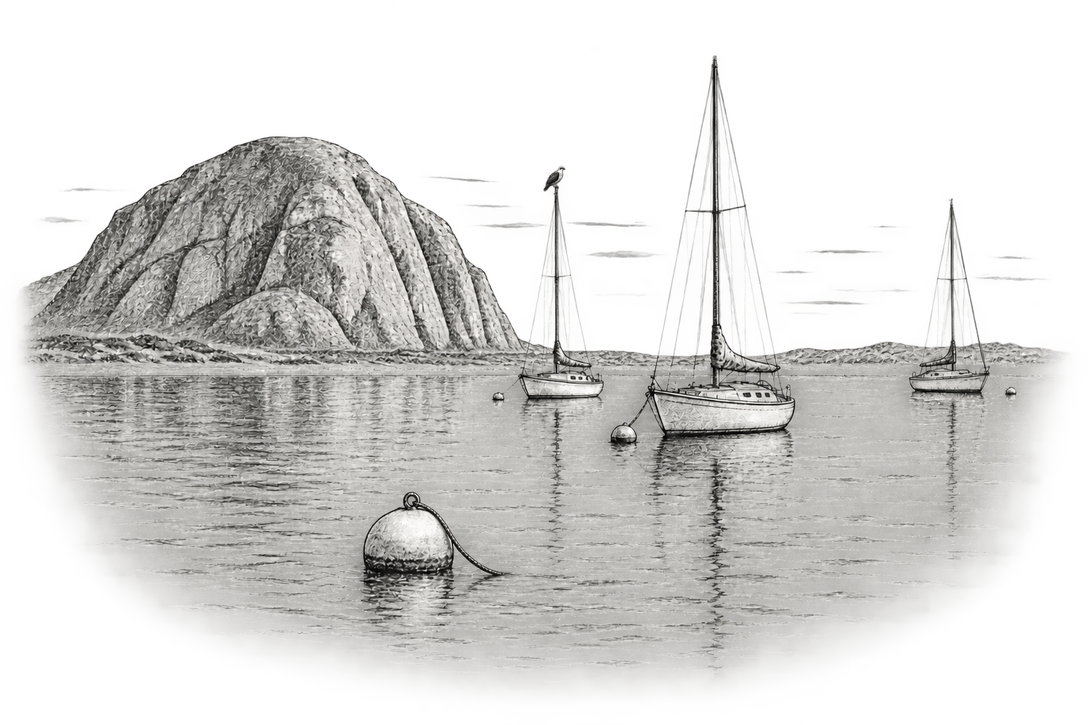 Pen-and-ink Morro Bay harbor: Morro Rock, moored sailboats, an osprey perched on a mast, and a foreground buoy with its pendant attached at the top